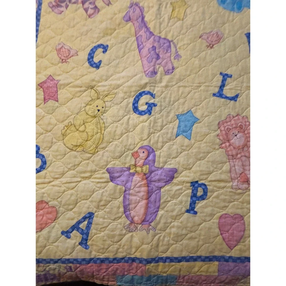 1990s  Baby Quilt Alphabet Animal Noahs Ark Nursery Blanket Yellow Pastel 34x41